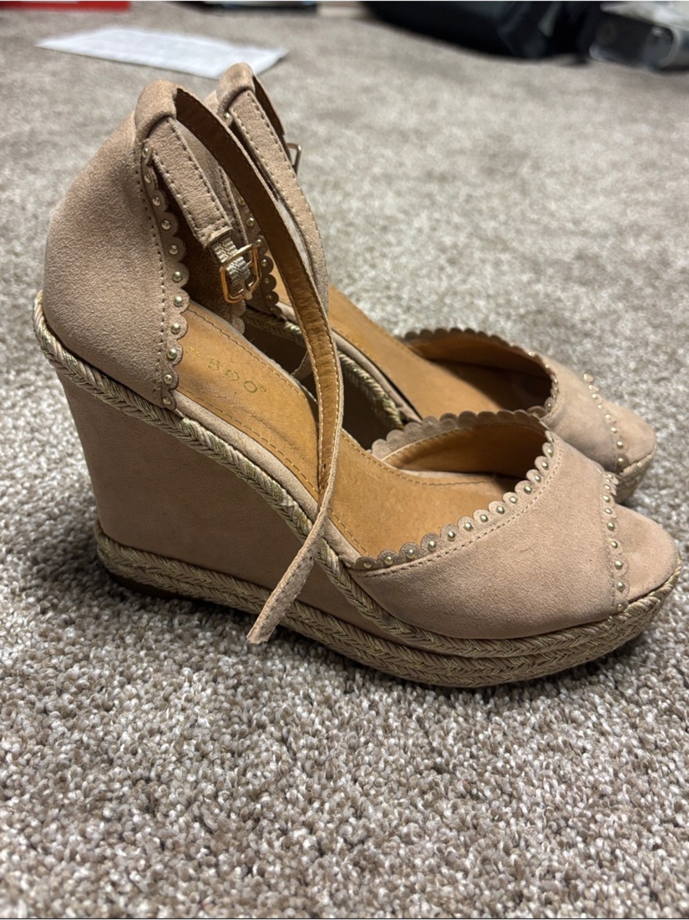 Women's Tan Suede Wedge Sandals with Ankle Strap